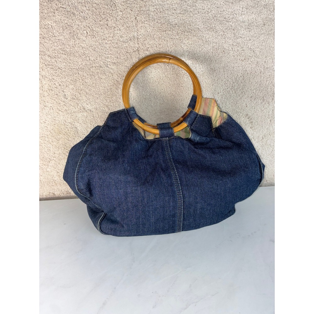 Unbranded Blue Denim Handbag - OS - Wood Handles Striped Lining Boho Retro